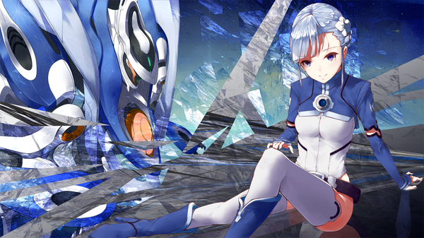 Anime picture 1346x758 with rinne no lagrange production i.g fin e ld si laffinty aiya (artist) short hair smile wide image sitting purple eyes blue hair legs girl thighhighs white thighhighs bodysuit
