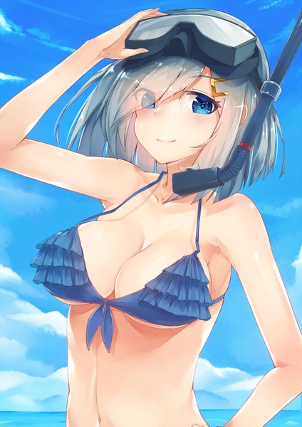 Anime picture 1060x1500 with kantai collection hamakaze destroyer mhong single tall image looking at viewer blush fringe short hair breasts light erotic smile large breasts bare shoulders sky cloud (clouds) upper body hair over one eye midriff shiny skin