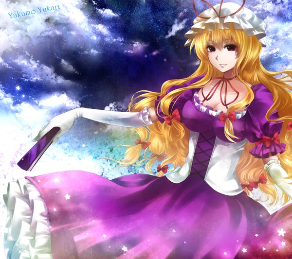 Anime picture 1600x1422 with touhou yakumo yukari itsuya (artist) long hair blonde hair red eyes cloud (clouds) girl dress gloves bow hat elbow gloves fan