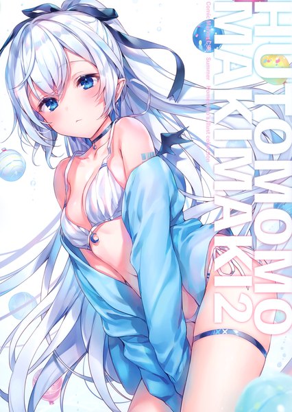 Anime picture 2431x3421 with original komeshiro kasu single long hair tall image looking at viewer blush fringe highres breasts blue eyes light erotic simple background hair between eyes bare shoulders payot cleavage silver hair bent knee (knees) ponytail