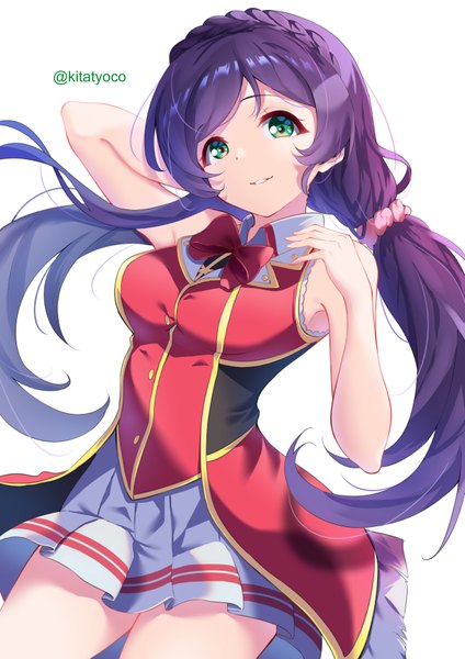 Anime picture 608x860 with love live! school idol project sunrise (studio) love live! toujou nozomi kitatyoco single long hair tall image simple background white background twintails green eyes signed looking away purple hair braid (braids) pleated skirt sleeveless twitter username low twintails