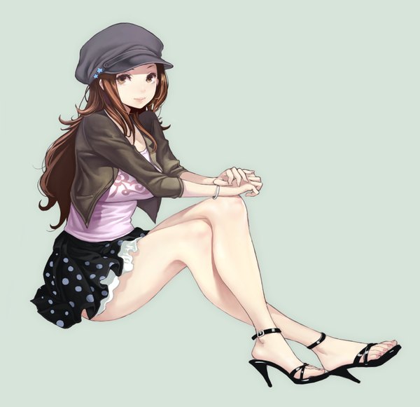Anime picture 1593x1543 with original fasces single long hair looking at viewer simple background brown hair sitting brown eyes bent knee (knees) grey background open clothes open jacket high heels crossed legs polka dot frilly skirt hand on knee girl hat