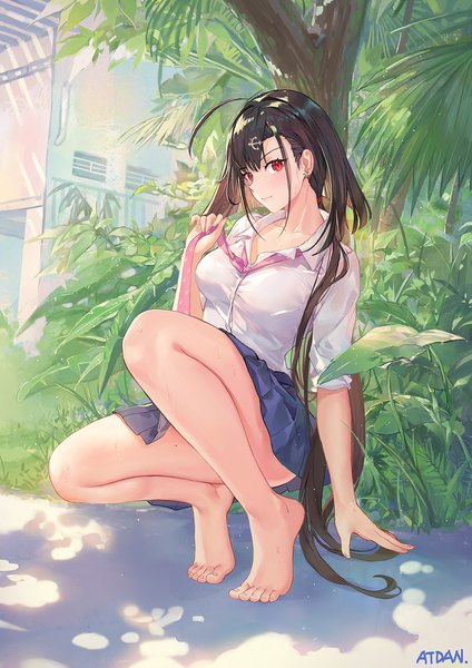 Anime picture 1291x1826 with azur lane independence (azur lane) atdan single long hair tall image looking at viewer blush fringe light erotic black hair smile hair between eyes red eyes holding signed payot full body ahoge outdoors