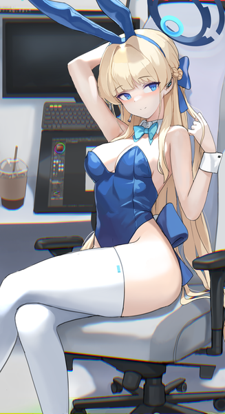 Anime picture 2500x4583 with blue archive toki (blue archive) toki (bunny) (blue archive) dolri single long hair tall image looking at viewer blush fringe highres breasts blue eyes light erotic blonde hair large breasts sitting bare shoulders animal ears blunt bangs