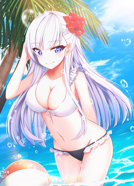 Anime picture 1200x1664 with azur lane belfast (azur lane) mamel 27 single long hair tall image looking at viewer blush fringe breasts light erotic smile large breasts standing purple eyes sky silver hair cloud (clouds) outdoors braid (braids)
