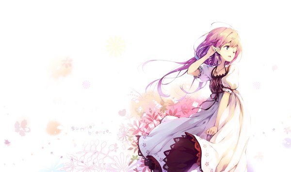 Anime picture 2000x1183 with original senji (tegone spike) single long hair highres open mouth blue eyes wide image white background twintails purple hair ahoge one eye closed wind inscription puffy sleeves low twintails girl dress flower (flowers)