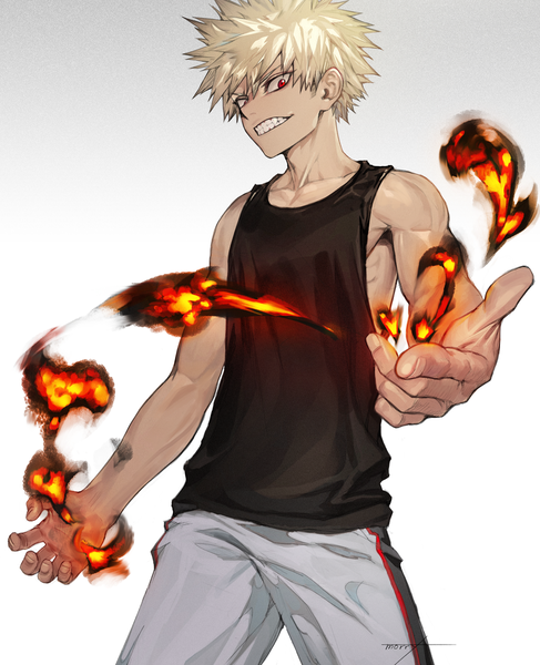Anime picture 975x1200 with boku no hero academia studio bones bakugou katsuki morry single tall image looking at viewer short hair simple background blonde hair red eyes bare shoulders signed gradient background angry clenched teeth boy tank top