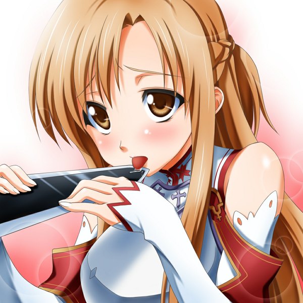 Anime picture 1000x1000 with sword art online a-1 pictures yuuki asuna long hair blush brown hair bare shoulders brown eyes girl weapon sword