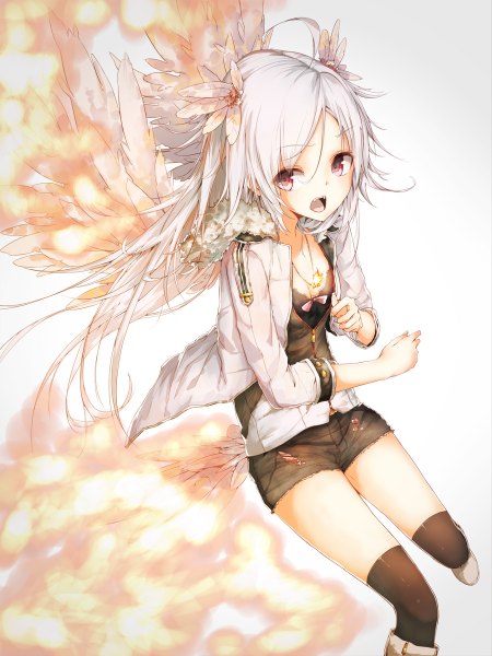 Anime picture 899x1200 with original la-na single long hair tall image looking at viewer blush fringe open mouth simple background white background white hair pink eyes hair flower open clothes open jacket teeth fang (fangs) smoke girl