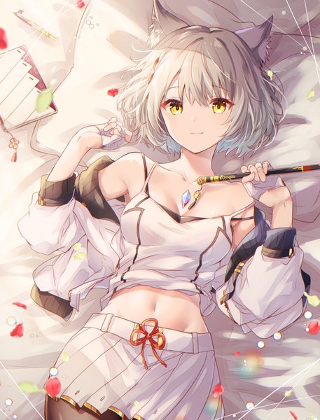 Anime-Bild 1500x1970 mit xenoblade xenoblade 3 mio (xenoblade) ui frara single tall image looking at viewer fringe short hair breasts holding animal ears yellow eyes silver hair lying pleated skirt from above light smile off shoulder open jacket