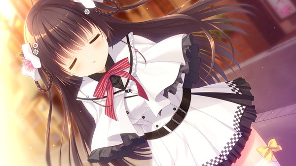 Anime picture 1280x720 with spiral!! handa sango tanihara natsuki single long hair blush fringe open mouth brown hair wide image standing game cg outdoors blunt bangs braid (braids) eyes closed pleated skirt hair flower dutch angle hands behind back