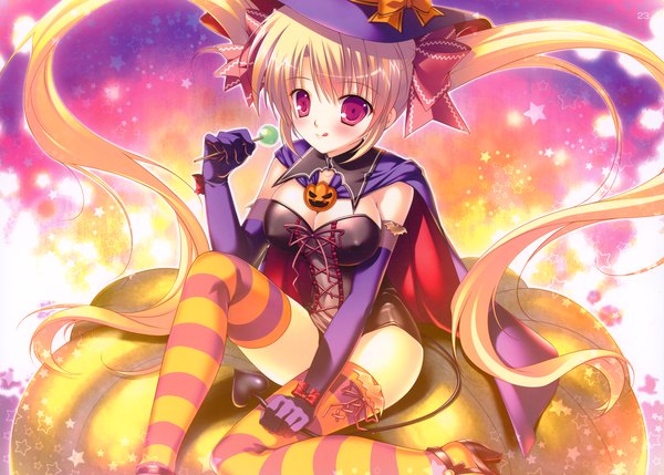 Anime picture 3989x2854 with mikeou long hair blush highres blonde hair red eyes twintails absurdres tail halloween :p girl thighhighs gloves bow hair bow elbow gloves star (symbol) witch hat striped thighhighs