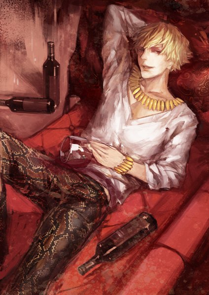 Anime picture 2480x3508 with fate (series) fate/stay night fate/zero studio deen type-moon gilgamesh (fate) shouka single tall image looking at viewer highres short hair blonde hair smile red eyes lying arm behind head boy choker bracelet