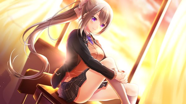 Anime picture 1920x1080 with virtual youtuber nijisanji higuchi kaede shirota (petunia) single long hair blush fringe highres light erotic smile hair between eyes wide image sitting purple eyes payot looking away silver hair ponytail indoors