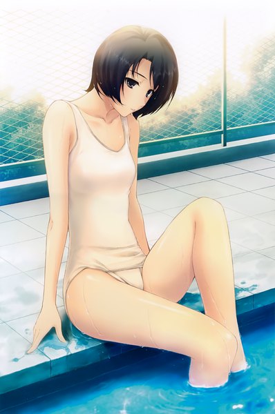 Anime picture 2653x4000 with kara no shoujo innocent grey touko mizuhara sugina miki single tall image blush highres short hair light erotic black hair sitting bent knee (knees) black eyes scan arm support official art looking down soaking feet girl