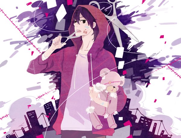 Anime picture 2000x1532 with vocaloid tokyo teddy bear kyang692 rib single highres short hair white background holding brown eyes sky purple hair cloud (clouds) black eyes inscription tattoo city silhouette bandaid on face boy