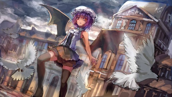 Anime picture 2732x1536 with touhou remilia scarlet myero (artist) single looking at viewer blush highres short hair open mouth red eyes wide image bare shoulders signed purple hair sunlight alternate costume zettai ryouiki sleeveless looking down flying