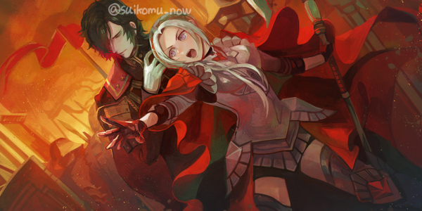 Anime picture 900x450 with fire emblem fire emblem: three houses fire emblem warriors: three hopes nintendo edelgard von hresvelg hubert von vestra suikomu now long hair fringe short hair open mouth black hair wide image purple eyes signed looking away white hair eyes closed hair over one eye dutch angle