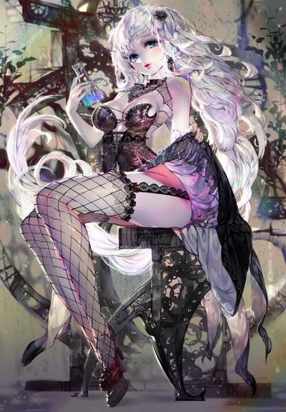 Anime picture 1390x2000 with crab d single tall image fringe breasts blue eyes light erotic blonde hair sitting holding looking away cleavage very long hair nail polish fingernails lips high heels legs sleeveless lipstick
