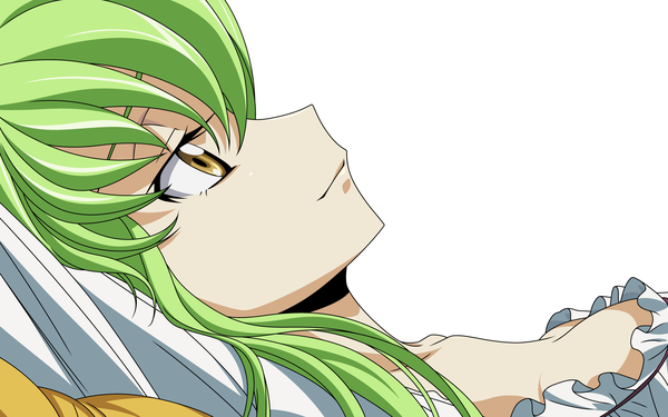 Anime picture 1920x1200 with code geass sunrise (studio) c.c. single long hair highres simple background smile wide image white background yellow eyes lying profile green hair face girl