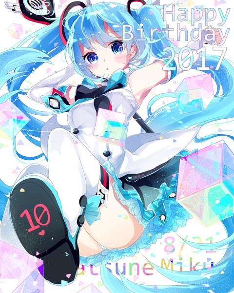 Anime-Bild 1600x2000 mit vocaloid magical mirai (vocaloid) hatsune miku magical mirai miku magical mirai miku (2017) remimim single tall image blush blue eyes light erotic twintails blue hair very long hair :o pantyshot character names dated soles happy birthday