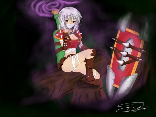 Anime picture 1280x959 with league of legends singed (league of legends) mmbgstatic single looking at viewer short hair light erotic grey hair black eyes midriff genderswap girl navel shoes bandage (bandages) bottle shield stump