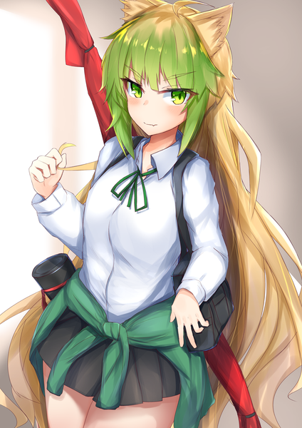 Anime picture 1600x2262 with fate (series) fate/grand order fate/apocrypha atalanta (fate) nanakaku single tall image looking at viewer blush fringe breasts simple background blonde hair standing green eyes animal ears payot ahoge blunt bangs long sleeves