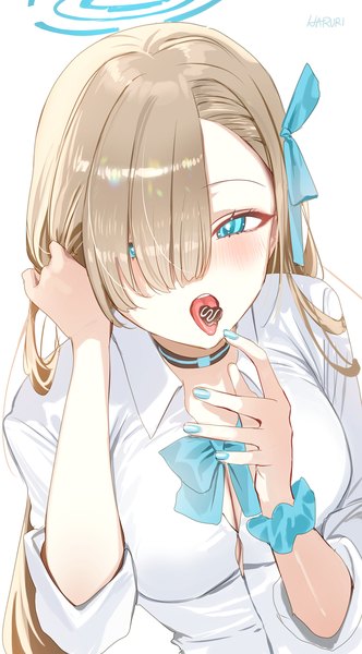 Anime-Bild 1043x1887 mit blue archive asuna (blue archive) haruri single long hair tall image blush fringe light erotic simple background blonde hair white background holding signed nail polish aqua eyes from above hair over one eye mouth hold adjusting hair