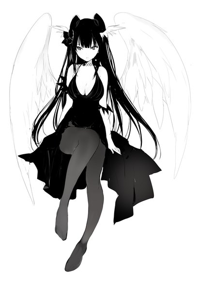 Anime picture 700x1032 with original lpip single long hair tall image fringe breasts black hair simple background large breasts white background twintails bare shoulders looking away cleavage full body bent knee (knees) blunt bangs parted lips :o