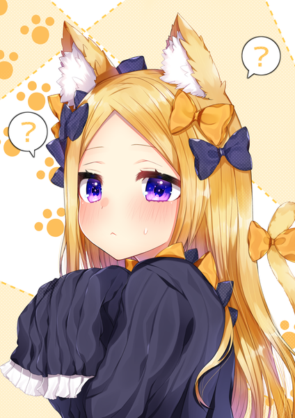 Anime picture 1200x1697 with fate (series) fate/grand order abigail williams (fate) akirannu single long hair tall image looking at viewer blush fringe simple background blonde hair standing purple eyes animal ears payot upper body tail animal tail cat ears