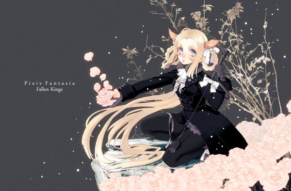 Anime picture 1433x942 with original pixiv fantasia pixiv fantasia fallen kings sudou kira single long hair looking at viewer blue eyes blonde hair animal ears inscription girl dress flower (flowers) petals riding crop