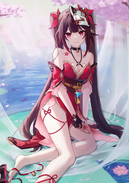 Anime picture 2894x4093 with honkai: star rail honkai (series) sparkle (honkai: star rail) naginaruse single long hair tall image looking at viewer fringe highres breasts light erotic smile brown hair sitting twintails bare shoulders payot blunt bangs pink eyes