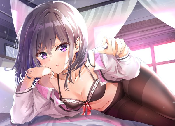 Anime picture 2087x1500 with masamune-kun no revenge silver link adagaki aki nyung single looking at viewer blush fringe highres short hair open mouth light erotic black hair hair between eyes purple eyes cleavage indoors lying sunlight off shoulder
