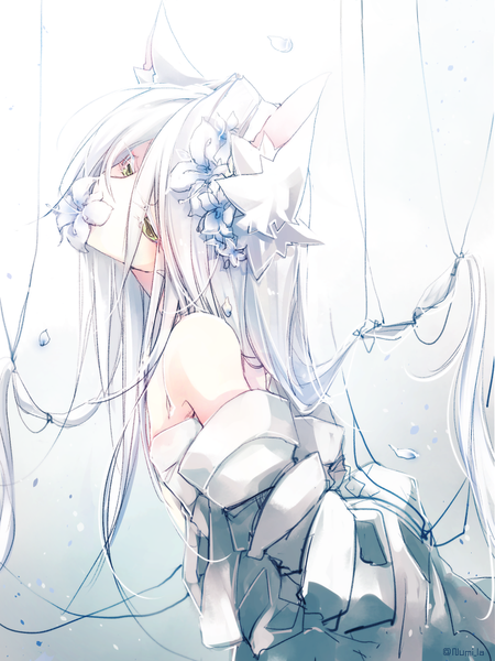 Anime picture 700x934 with original numikko single long hair tall image looking at viewer simple background white background bare shoulders holding signed animal ears yellow eyes looking away white hair head tilt hair flower grey background fox ears gradient background