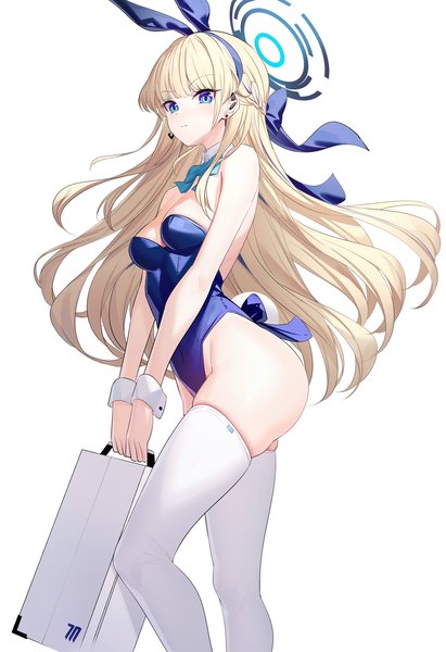 Anime picture 900x1315 with blue archive toki (blue archive) toki (bunny) (blue archive) ririko (zhuoyandesailaer) single long hair tall image looking at viewer fringe breasts blue eyes light erotic simple background blonde hair standing white background holding animal ears ass tail