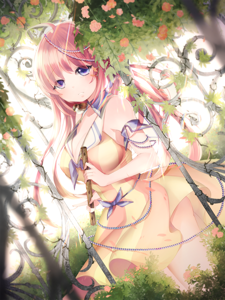 Anime picture 1000x1333 with emodelas single long hair tall image blush fringe breasts light erotic large breasts purple eyes bare shoulders looking away pink hair cleavage ahoge parted lips victory body blush girl dress