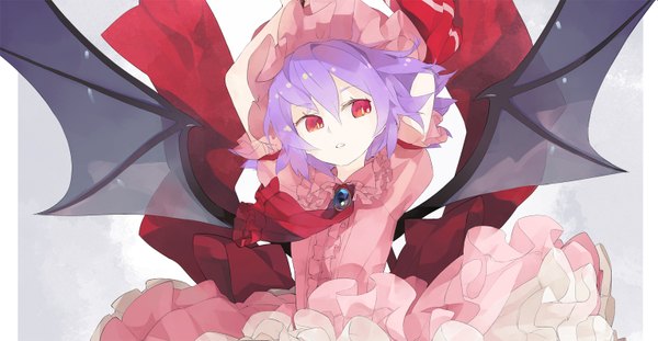 Anime picture 1535x798 with touhou remilia scarlet shihou (g-o-s) single short hair simple background red eyes wide image looking away purple hair grey background arms behind head bat wings girl dress wings bonnet
