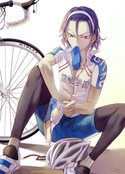 Anime picture 741x1031 with yowamushi pedal toudou jinpachi canto single tall image short hair simple background white background sitting purple eyes holding signed purple hair shadow mouth hold looking down adjusting gloves glove in mouth boy gloves
