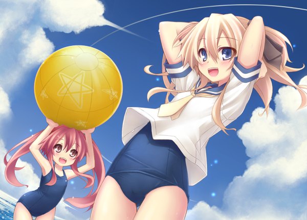 Anime picture 1280x920 with quiz magic academy shalon aloe ryo (botugo) long hair blush open mouth blue eyes light erotic blonde hair twintails multiple girls brown eyes pink hair sky cloud (clouds) loli girl 2 girls swimsuit