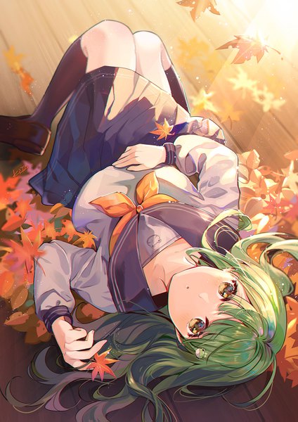 Anime picture 1000x1415 with touhou kochiya sanae kita (kitairoha) single long hair tall image looking at viewer blush fringe open mouth holding signed yellow eyes full body lying blunt bangs long sleeves pleated skirt green hair from above