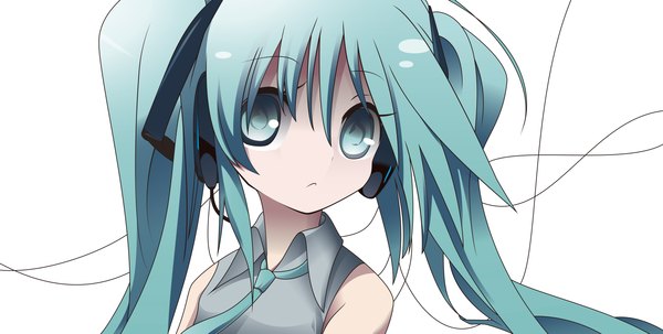 Anime picture 2134x1080 with vocaloid hatsune miku long hair highres simple background wide image white background twintails aqua eyes aqua hair girl headphones wire (wires)