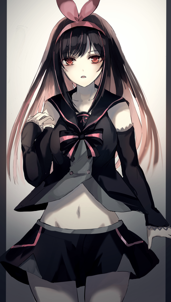 Anime picture 1000x1763 with virtual youtuber a.i. channel kizuna ai beckzawachi single long hair tall image looking at viewer fringe open mouth black hair simple background hair between eyes red eyes brown hair standing payot multicolored hair grey background two-tone hair