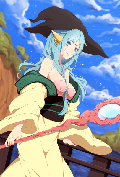 Anime picture 1024x1511 with magi the labyrinth of magic a-1 pictures yamuraiha samascqua single long hair tall image looking at viewer breasts blue eyes light erotic smile bare shoulders blue hair sky cloud (clouds) outdoors lips off shoulder wide sleeves