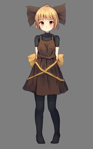 Anime picture 800x1280 with touhou kurodani yamame shone single tall image looking at viewer blush fringe short hair simple background blonde hair smile grey background orange eyes no shoes hands behind back adapted costume girl bow hair bow