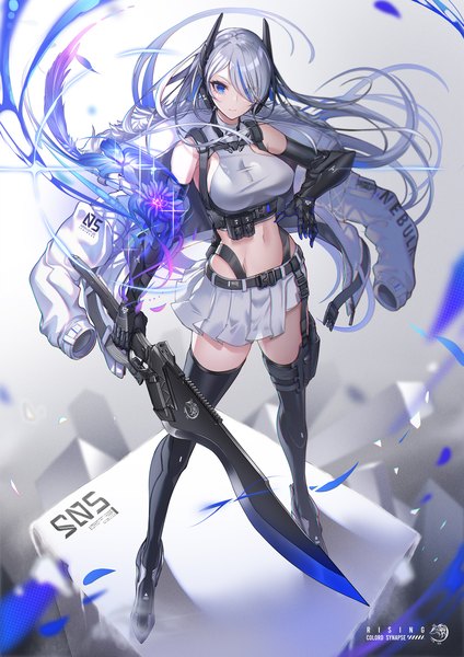 Anime picture 1158x1637 with original t-track (artist) single long hair tall image looking at viewer fringe breasts blue eyes light erotic simple background large breasts standing holding silver hair full body pleated skirt multicolored hair from above blurry