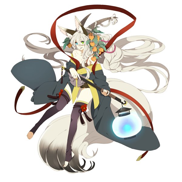 Anime picture 1000x1000 with original pixiv fantasia ni02 (asahi nini) single long hair open mouth simple background white background animal ears white hair tail traditional clothes japanese clothes animal tail horn (horns) heterochromia wavy hair girl thighhighs flower (flowers)
