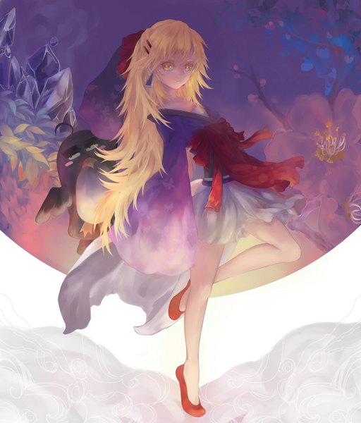 Anime picture 2006x2350 with xia wuyu laolao jyuui single long hair tall image highres blonde hair yellow eyes girl skirt hair ornament flower (flowers) earrings animal bird (birds) leaf (leaves) crystal hairpin (hairpins) penguin