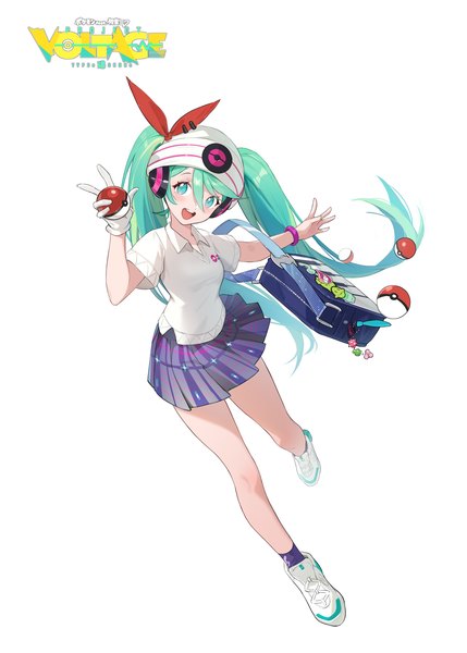 Anime picture 1588x2222 with pokemon vocaloid project voltage hatsune miku psychic miku (project voltage) alche (benruce) single long hair tall image looking at viewer fringe open mouth simple background hair between eyes white background twintails full body :d pleated skirt aqua eyes
