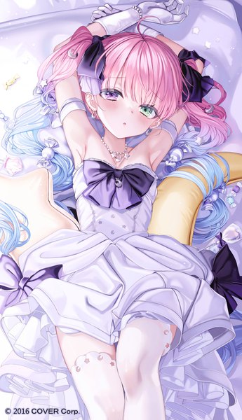 Anime picture 2044x3552 with virtual youtuber hololive himemori luna himemori luna (4th costume) yunmi 0527 single long hair tall image looking at viewer blush fringe highres open mouth purple eyes green eyes pink hair ahoge bent knee (knees) lying blunt bangs