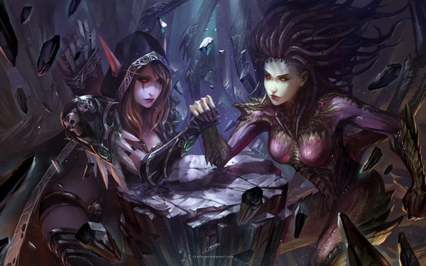 Anime picture 1600x1000 with world of warcraft starcraft blizzard entertainment sylvanas windrunner sarah kerrigan chenbo long hair blush breasts black hair blonde hair red eyes large breasts multiple girls yellow eyes cleavage light smile lips pointy ears sunlight